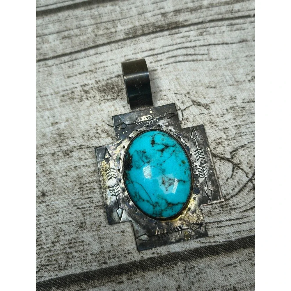 Native American Navajo Silver 925 And Turquoise Large Pendant